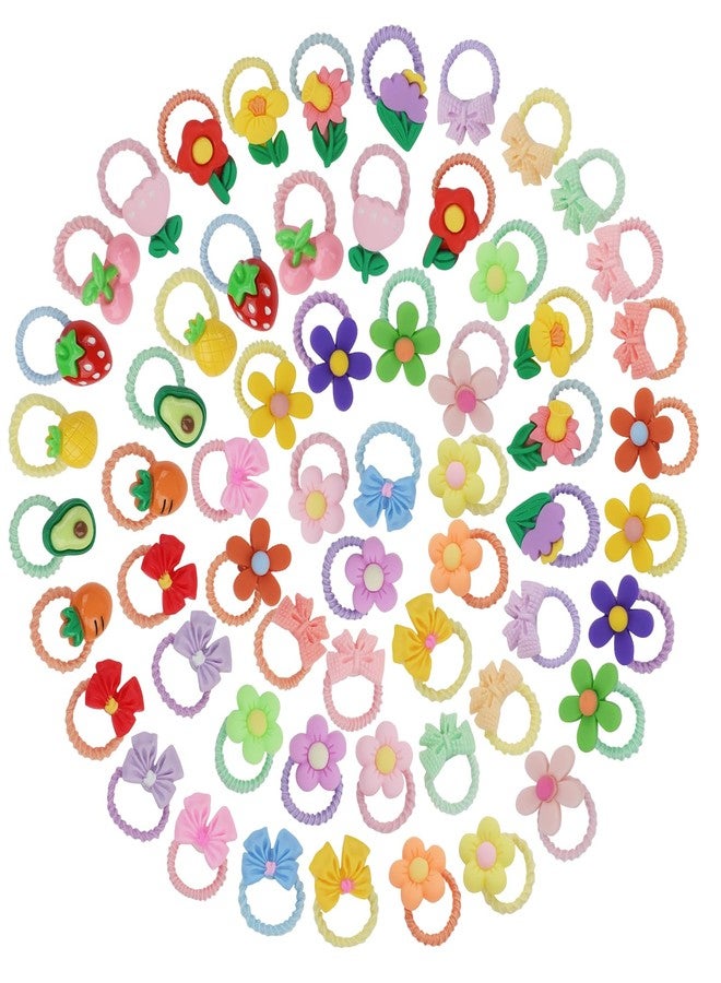 Ondder 60 Pcs Hair Ties for Girls: Flower, Bow, Fruit Hair Ties, Colorful Ponytail Holders, Hair Accessories for Women Girls - Image 1
