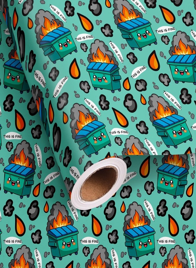 Vnaaem Funny Wrapping Paper Roll - Green Funny Dumpter Fire,This Is Fine Text Design Gift Wrap for Holiday Birthday White Elephant Party (Total 28.5 sq.ft - Image 1