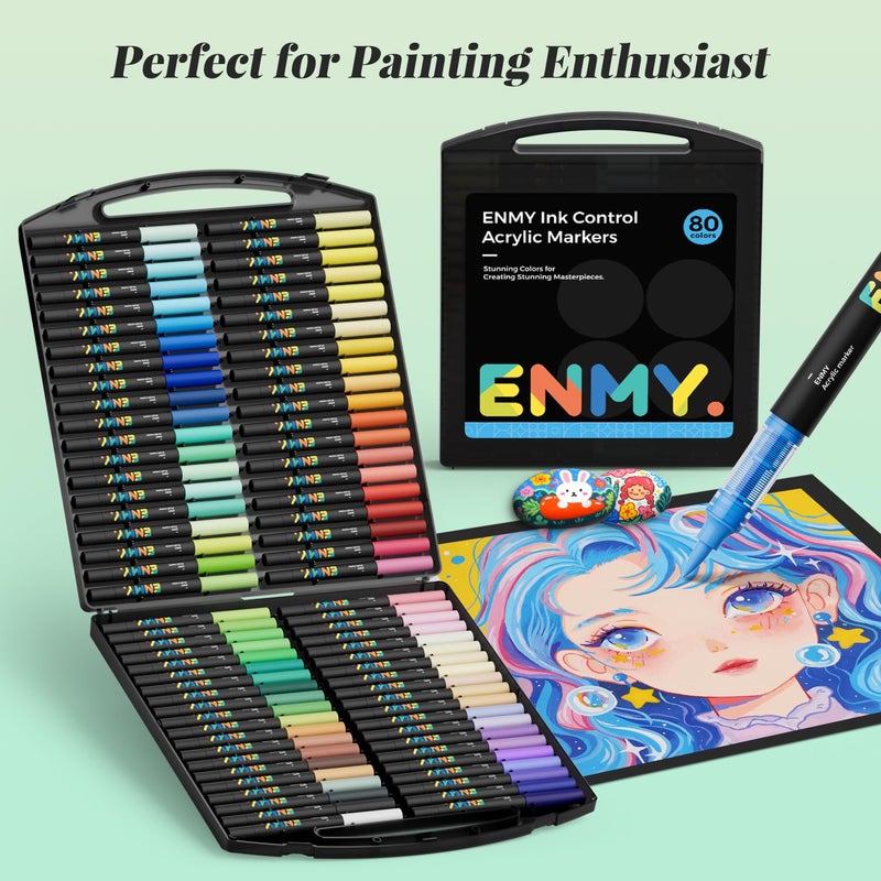 ENMY 80 Colors Acrylic Paint Markers, Direct Liquid Acrylic Paint Marker Pen, Fabric Markers for Textile, Canvas, Rock, Glass, Wood, Paper, DIY, Acrylic Coloring Pens for DIY Craft Supplies - Image 2