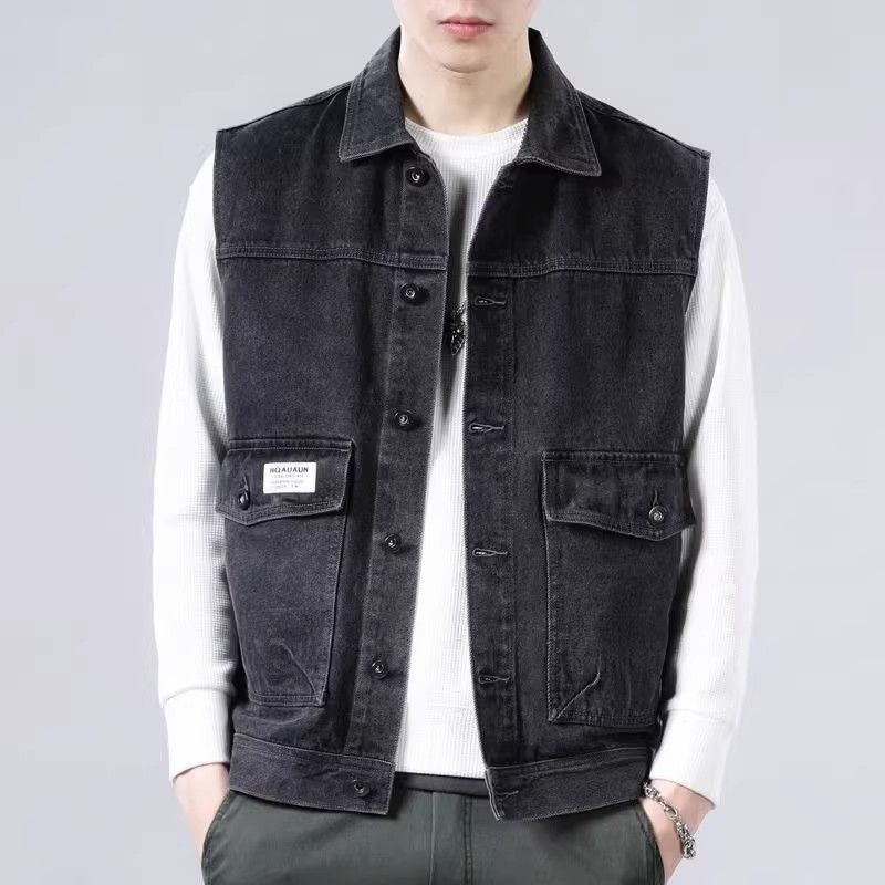 Mens Denim Vest Spring and Autumn Waistcoat Sleeveless Jacket Vintage Loose All-match Vest Work Jacket Mens Vest Black and gray pocketed denim vest 