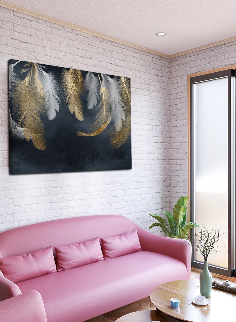 لوحة كانفاس على إطار خشبي بتصميم فن تجريدي ريش ذهبى - Image 1