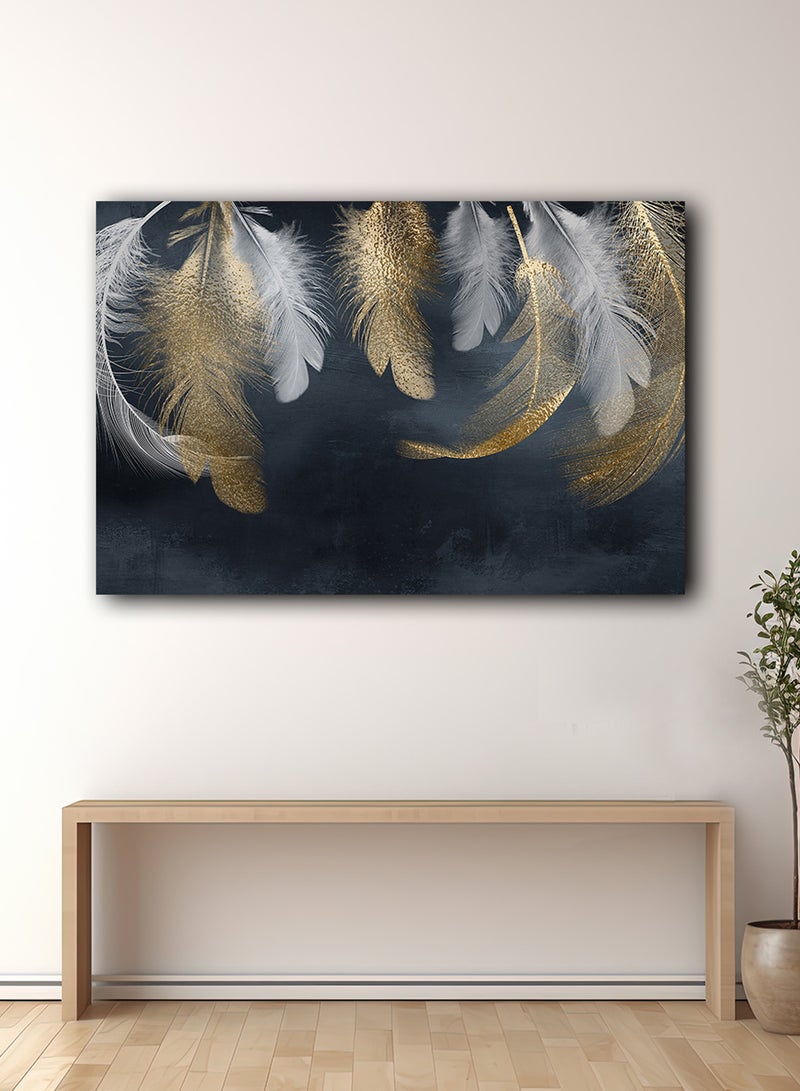 لوحة كانفاس على إطار خشبي بتصميم فن تجريدي ريش ذهبى - Image 3
