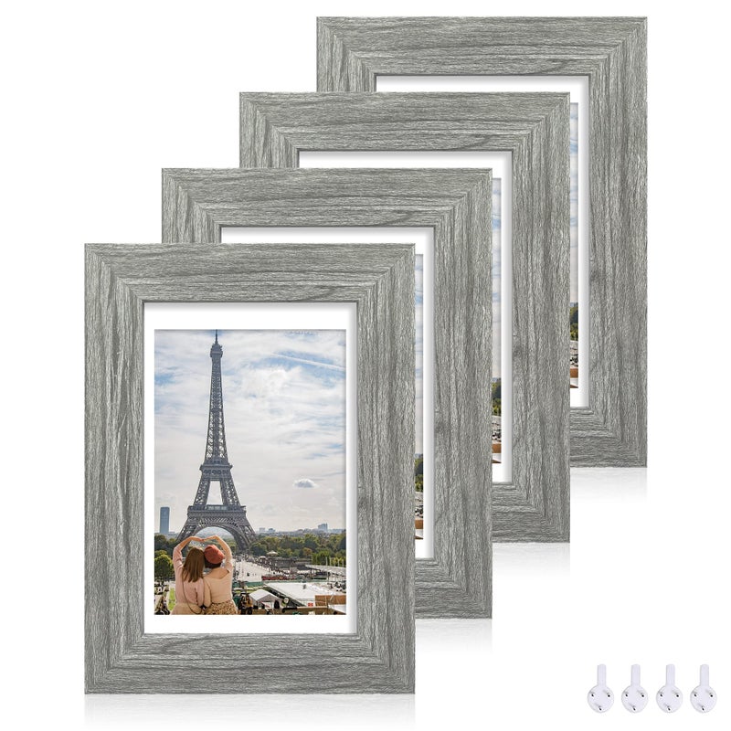 Hongkee 5x7 Picture Frame Set of 4 Made of Real Glass and Grey Wooden Frame 5 by 7 Photo for Wall or Tabletop  Display Picture 4x6 with Mat or 5x7 Without Mat