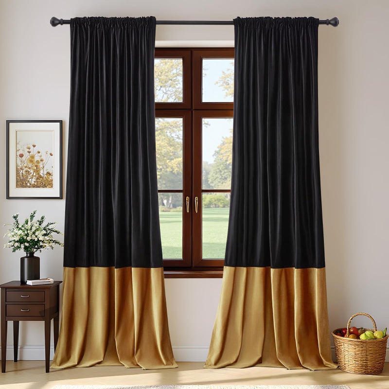 Bulbul Velvet Curtains 84 inches Long for Living Room Blak Gold,2 Panels Blackout Curtains Modern Color Block Back Tab Rod Pocket Soundproof Drapes for Bedroom Window Decor - Image 1