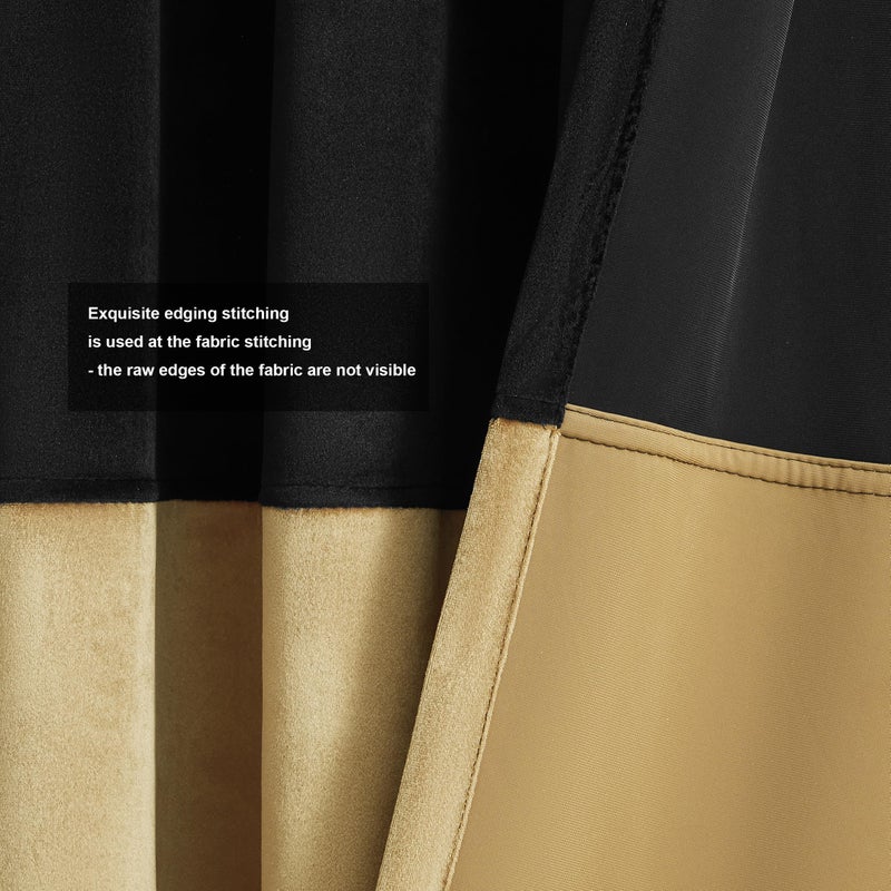 Bulbul Velvet Curtains 84 inches Long for Living Room Blak Gold,2 Panels Blackout Curtains Modern Color Block Back Tab Rod Pocket Soundproof Drapes for Bedroom Window Decor - Image 5