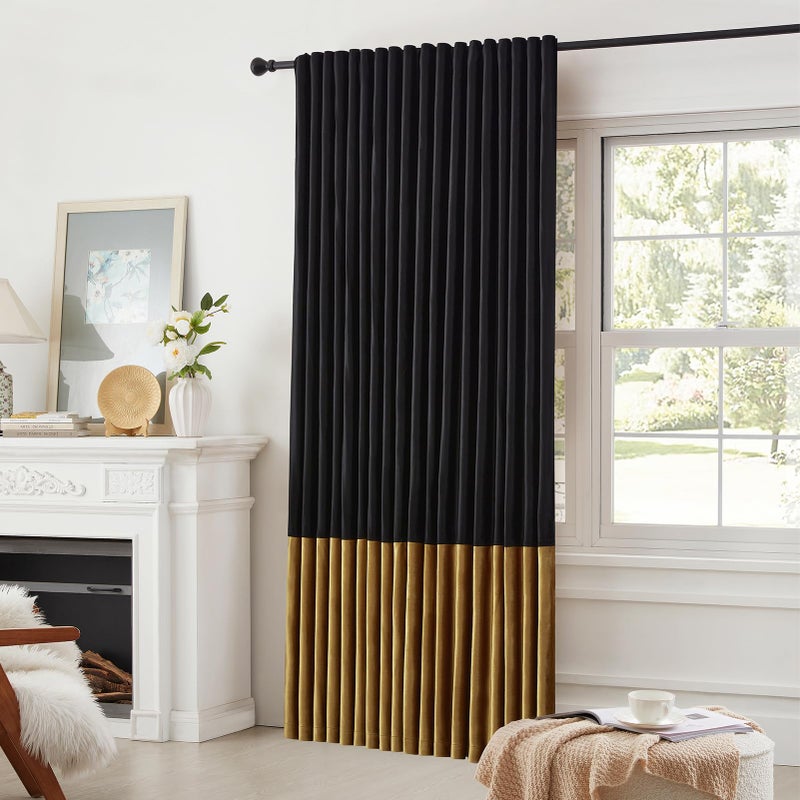 Bulbul Velvet Curtains 84 inches Long for Living Room Blak Gold,2 Panels Blackout Curtains Modern Color Block Back Tab Rod Pocket Soundproof Drapes for Bedroom Window Decor - Image 4