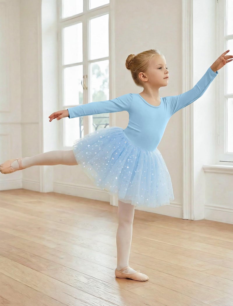 Gogokids Long Sleeve Ballet Leotards for Girls Crisscross Back Dance Outfit with Shiny Skirt Leotard 7-8 Years Blue - Image 3