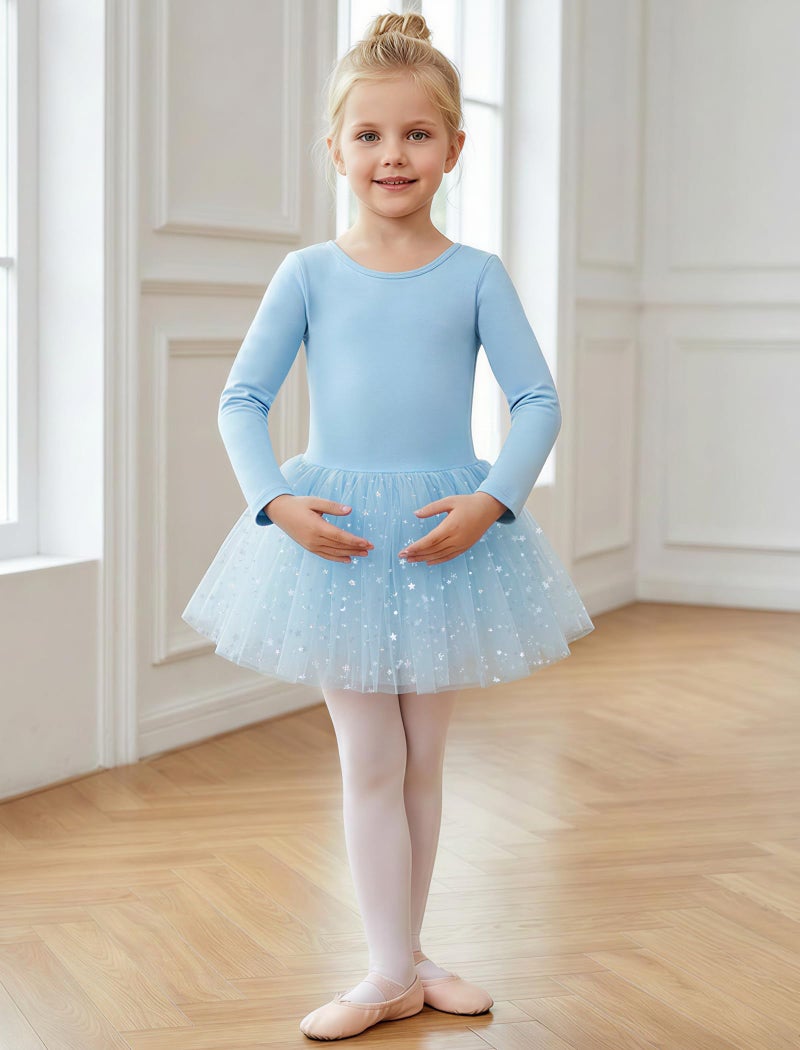 Gogokids Long Sleeve Ballet Leotards for Girls Crisscross Back Dance Outfit with Shiny Skirt Leotard 7-8 Years Blue - Image 2
