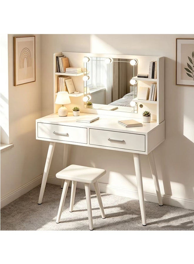 JCB CHIC Modern White Makeup Vanity Desk with LED Mirror, 2-Drawer Dressing Table with Open Shelves and Cushioned Stool，Multifunctional Vanity Table Sets for Bedroom - Image 3
