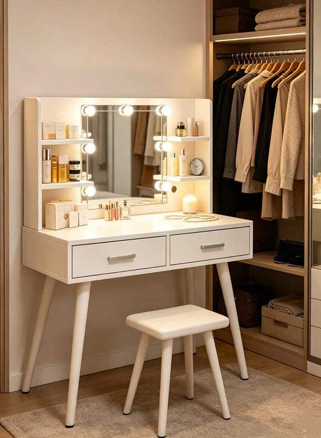 JCB CHIC Modern White Makeup Vanity Desk with LED Mirror, 2-Drawer Dressing Table with Open Shelves and Cushioned Stool，Multifunctional Vanity Table Sets for Bedroom - Image 4