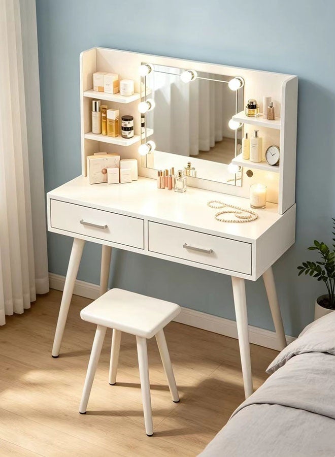 JCB CHIC Modern White Makeup Vanity Desk with LED Mirror, 2-Drawer Dressing Table with Open Shelves and Cushioned Stool，Multifunctional Vanity Table Sets for Bedroom - Image 2