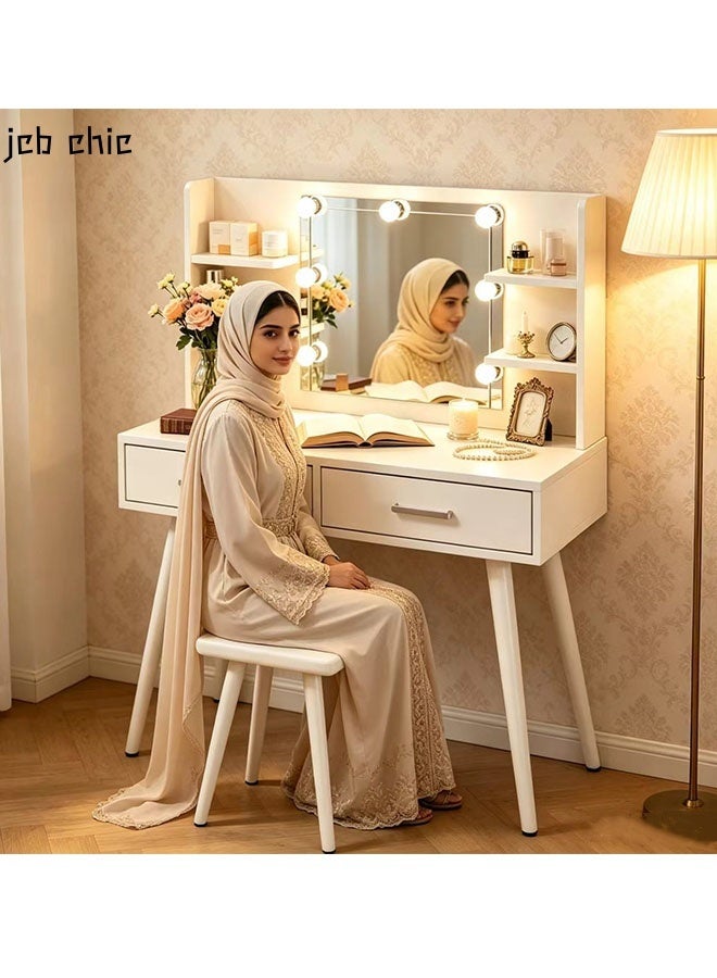 JCB CHIC Modern White Makeup Vanity Desk with LED Mirror, 2-Drawer Dressing Table with Open Shelves and Cushioned Stool，Multifunctional Vanity Table Sets for Bedroom - Image 1