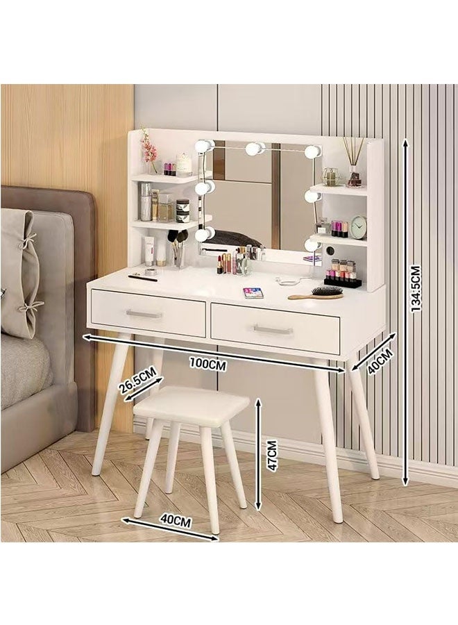 JCB CHIC Modern White Makeup Vanity Desk with LED Mirror, 2-Drawer Dressing Table with Open Shelves and Cushioned Stool，Multifunctional Vanity Table Sets for Bedroom - Image 5