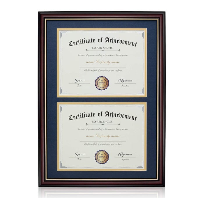 ELSKERHOME DOUBLE DOCUMENTPHOTO WOOD FRAME MADE FOR CERTIFICATESDIPLOMA TWO 85X11 INCH WITH MAT NAVY BLUE MAT WITH GOLDEN RIM