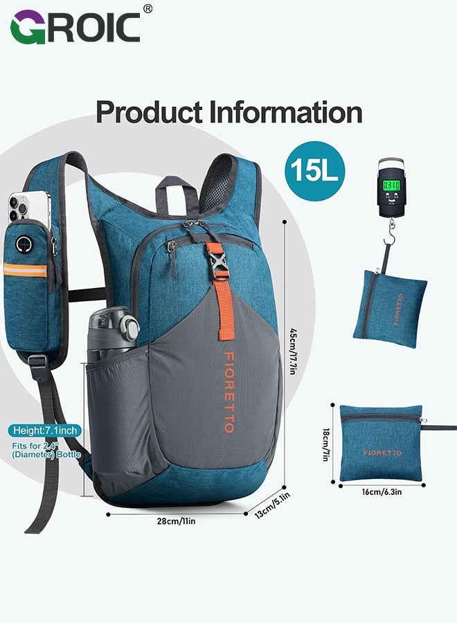GROIC Small Hiking Backpack 15L - Lightweight, Water-Resistant,  Foldable, Outdoor Backpack for Travel Walking Camping - Blue Gray - Image 5