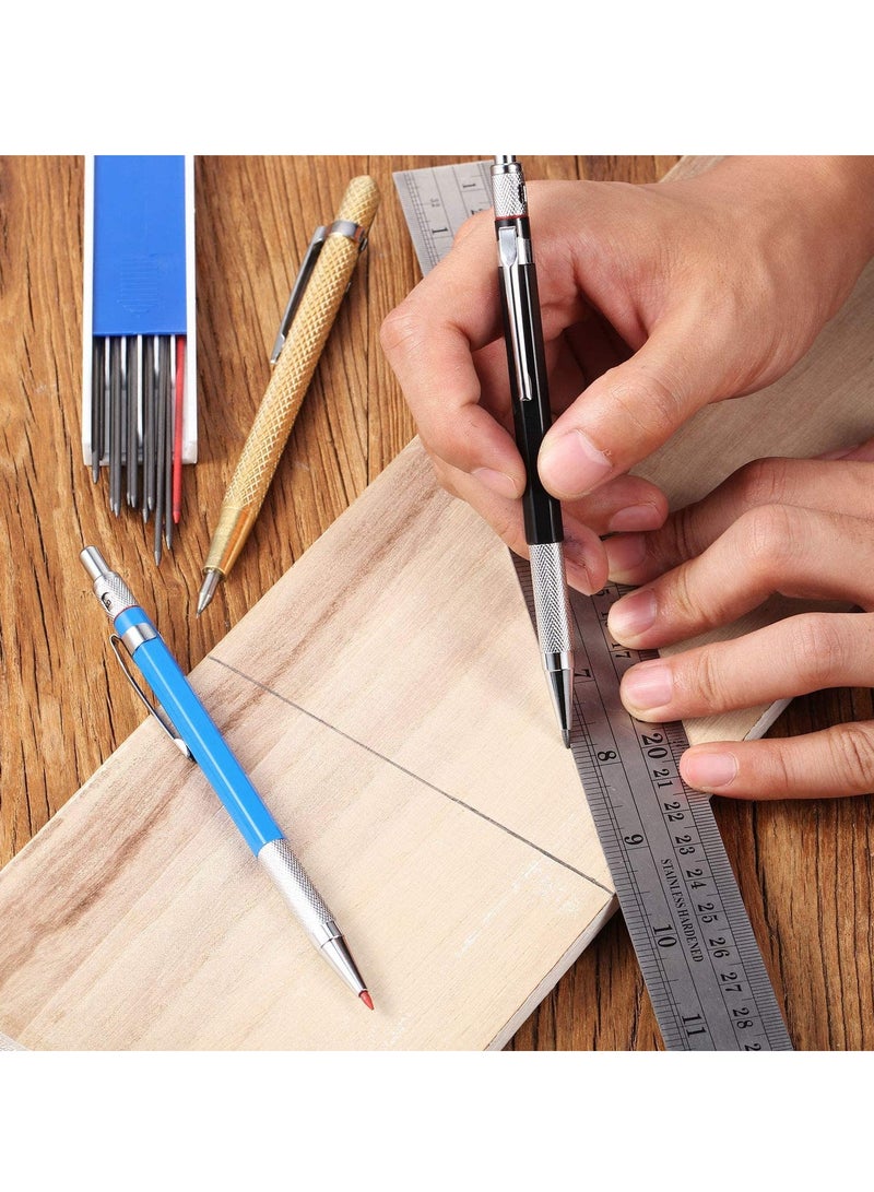 SOLARAE Woodworking Pencil with Marker Pen Core and Carbide Marking Tool 3 Pieces with 10 Refills, Carpenters Drawing Pencils for ceramics, Hardened Steel - Image 2