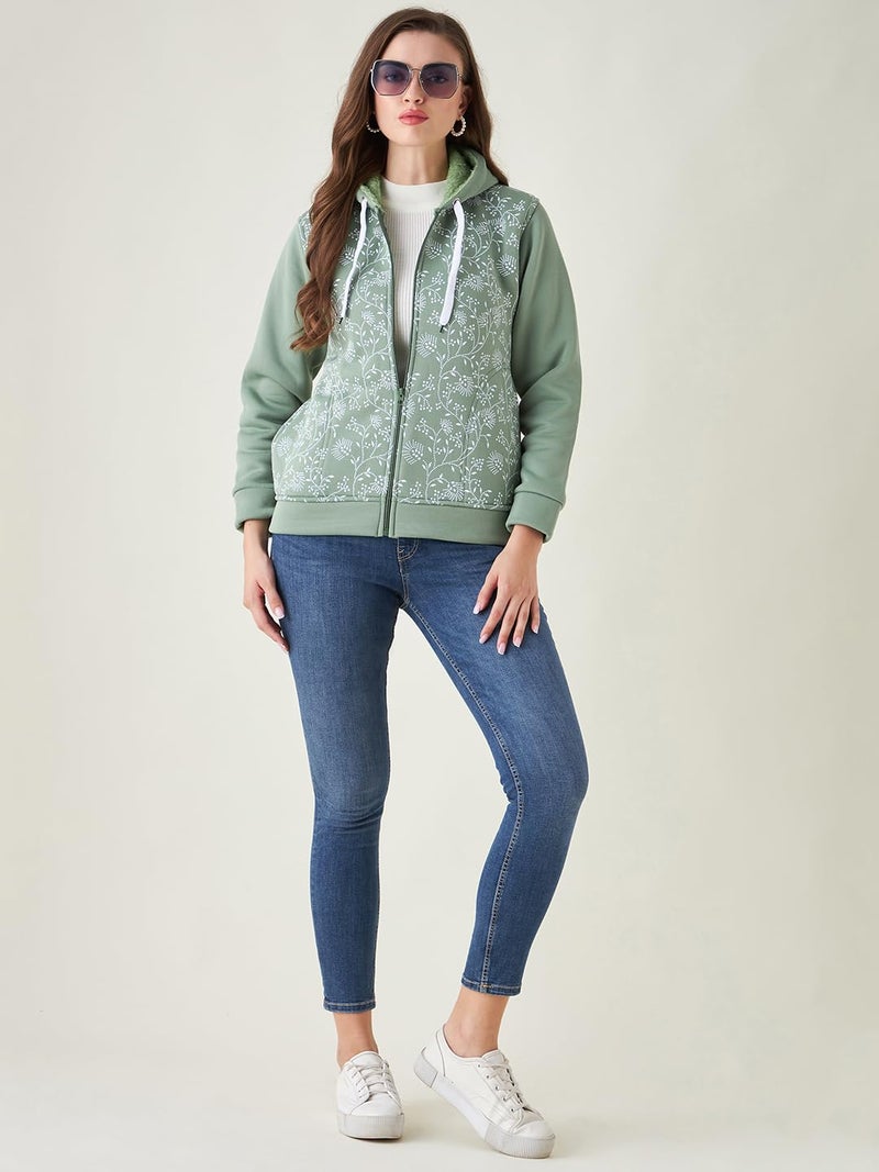 Pivl Women Printed Hooded Casual Jacket For Winter- Mint - Image 3