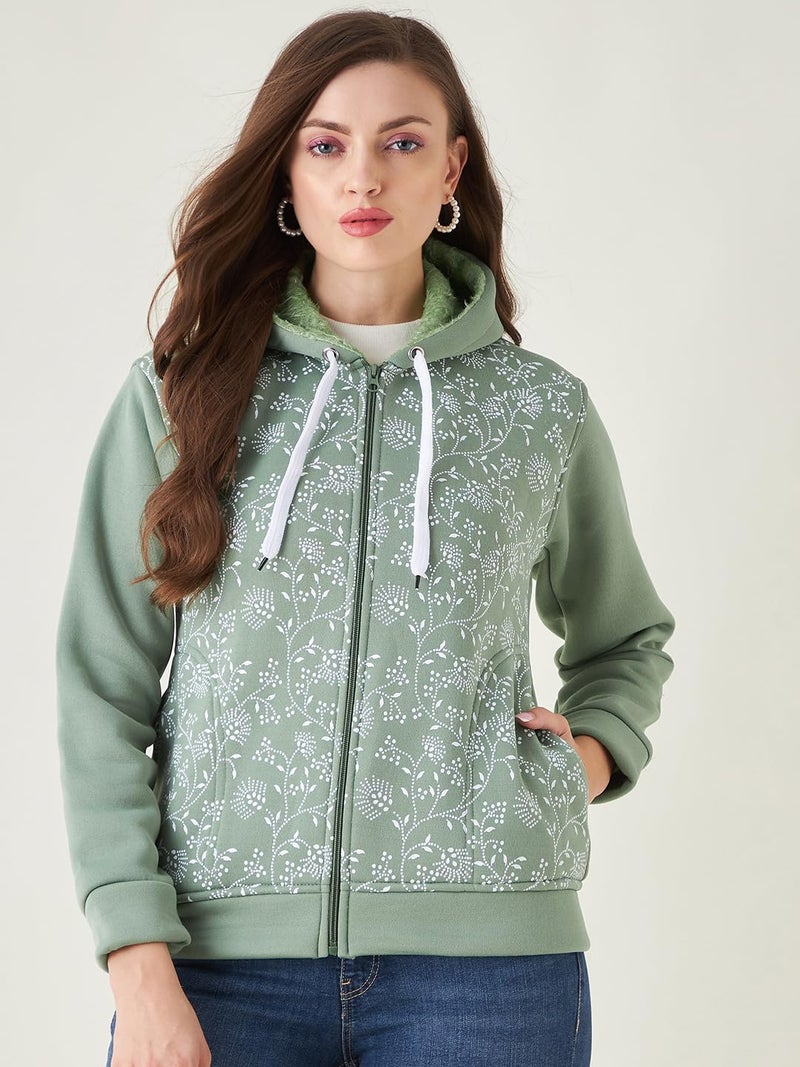 Pivl Women Printed Hooded Casual Jacket For Winter- Mint - Image 2