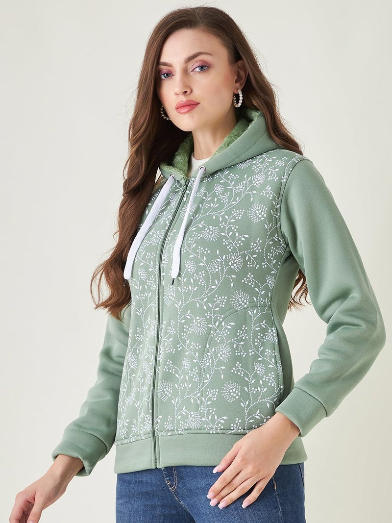 Pivl Women Printed Hooded Casual Jacket For Winter- Mint - Image 4