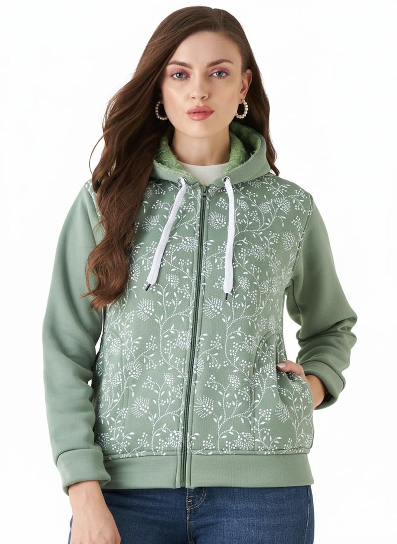 Pivl Women Printed Hooded Casual Jacket For Winter- Mint - Image 5