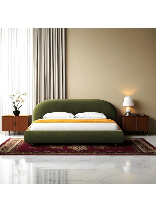 الزخارف للمفروشات سرير لونارا العصري بتنجيد مخملي فاخر مع لوح رأس مبطن بتصميم دائري، قماش مخمل ناعم، سرير منخفض فاخر لغرفة النوم – لون أخضر زيتوني، مقاس كوين 160 × 200 سم - Image 1