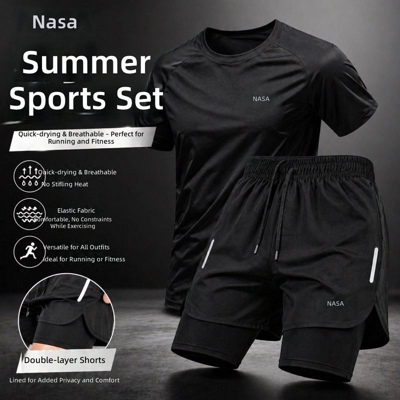 NASA Men's quick drying running set, paired with short sleeved T-shirt and shorts, suitable for training - Image 2