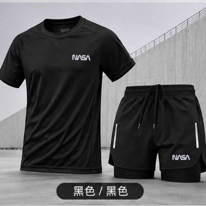 NASA Men's quick drying running set, paired with short sleeved T-shirt and shorts, suitable for training - Image 3