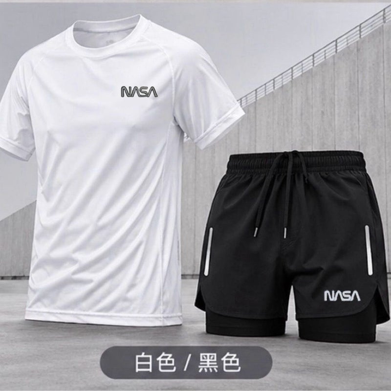 NASA Men's quick drying running set, paired with short sleeved T-shirt and shorts, suitable for training - Image 1
