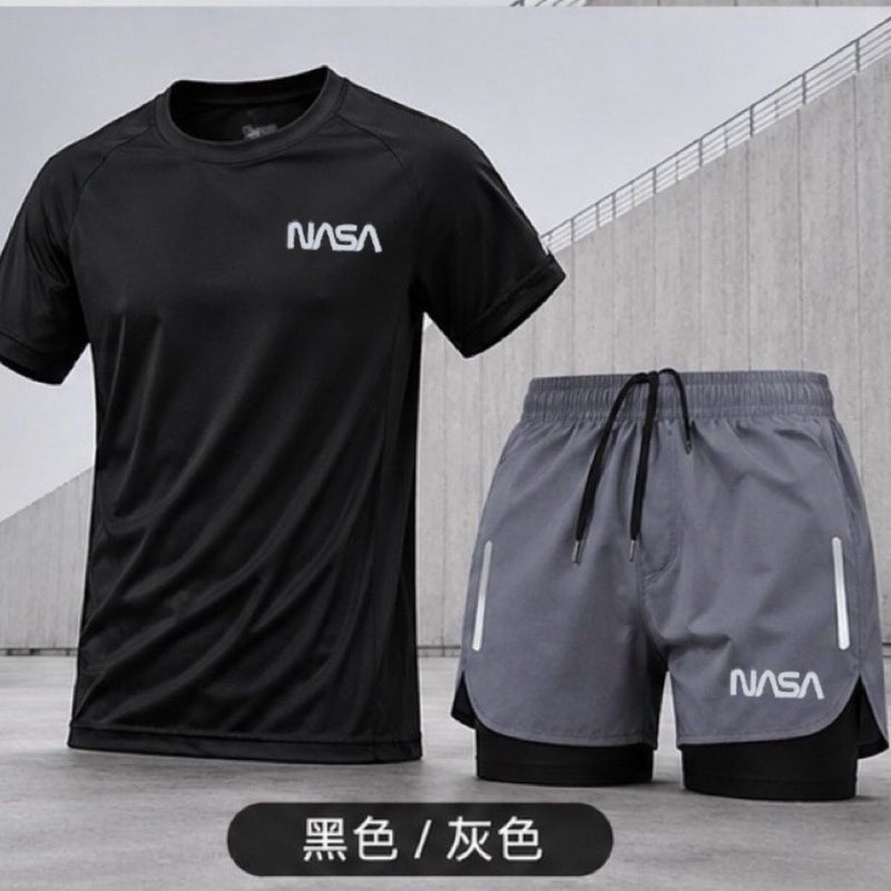 NASA Men's quick drying running set, paired with short sleeved T-shirt and shorts, suitable for training - Image 5