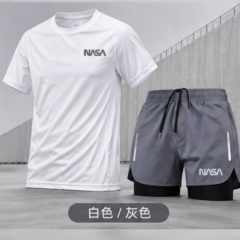 NASA Men's quick drying running set, paired with short sleeved T-shirt and shorts, suitable for training - Image 4