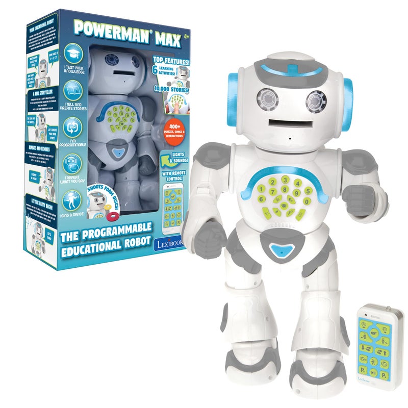 LEXiBOOK Powerman Max  Remote Control Walking Talking Toy Robot STEM Programmable Dances Sings Telling 10000 Stories 300 Learning Quiz Shooting Discs and Voice Repeat for Kids 4  ROB80EN White - Image 2