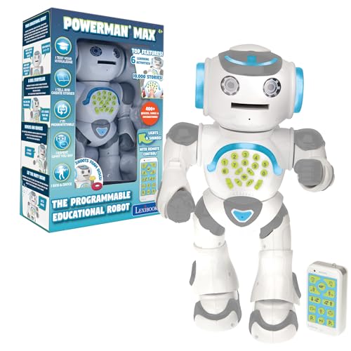 LEXiBOOK Powerman Max  Remote Control Walking Talking Toy Robot STEM Programmable Dances Sings Telling 10000 Stories 300 Learning Quiz Shooting Discs and Voice Repeat for Kids 4  ROB80EN White - Image 1