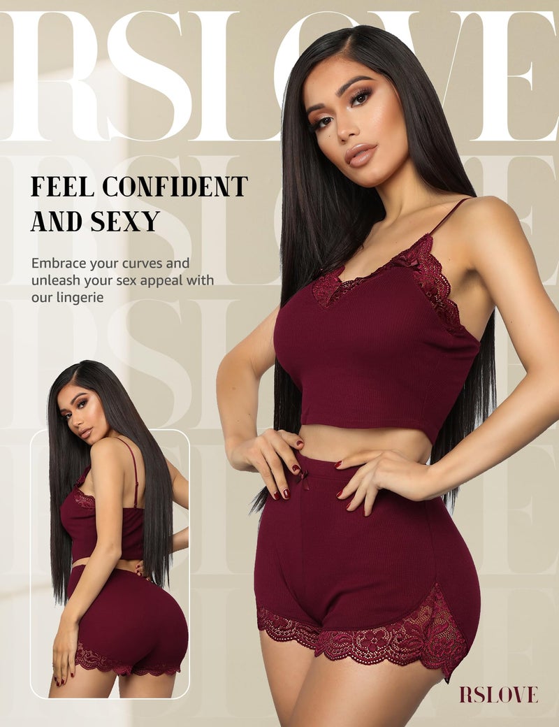 RSLOVE Women's Sexy Pajamas PJ Set Nightwear Lace Lingerie Sleepwear Loungewear Wine Red M - Image 2