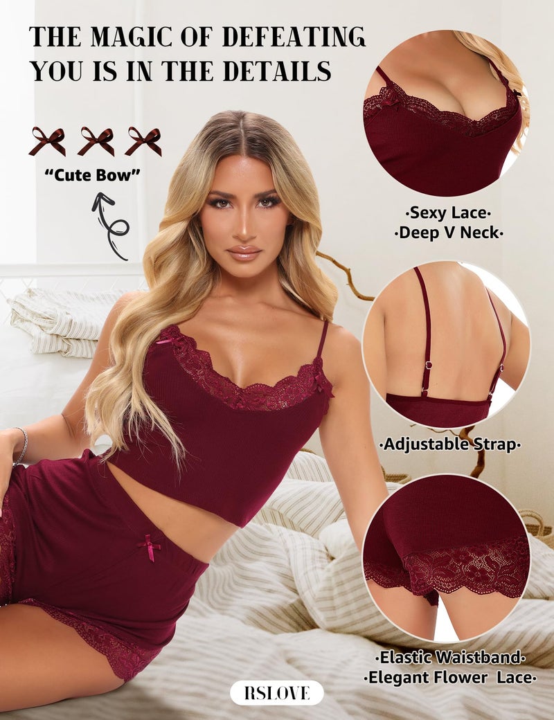 RSLOVE Women's Sexy Pajamas PJ Set Nightwear Lace Lingerie Sleepwear Loungewear Wine Red M - Image 3