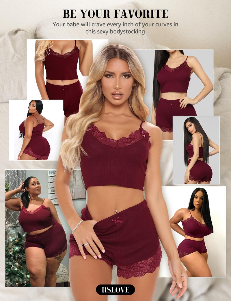 RSLOVE Women's Sexy Pajamas PJ Set Nightwear Lace Lingerie Sleepwear Loungewear Wine Red M - Image 4