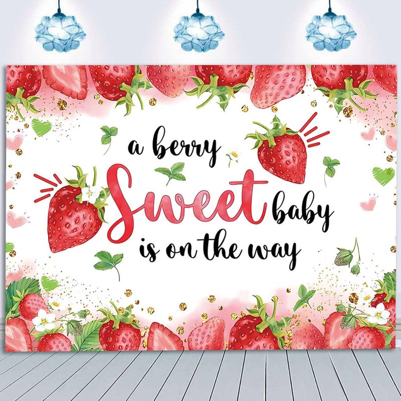 HQM Strawberry Baby Shower Photo Banner Strawberry Girl Baby Shower Newborn Party Decorations Photography Backdrop 71x47.2 in A Berry Sweet Baby is On The Way Background Cake Table Supplies - Image 4