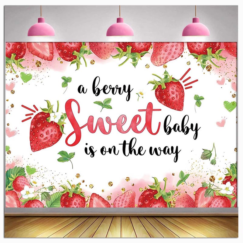 HQM Strawberry Baby Shower Photo Banner Strawberry Girl Baby Shower Newborn Party Decorations Photography Backdrop 71x47.2 in A Berry Sweet Baby is On The Way Background Cake Table Supplies - Image 1