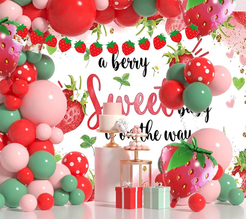 HQM Strawberry Baby Shower Photo Banner Strawberry Girl Baby Shower Newborn Party Decorations Photography Backdrop 71x47.2 in A Berry Sweet Baby is On The Way Background Cake Table Supplies - Image 3