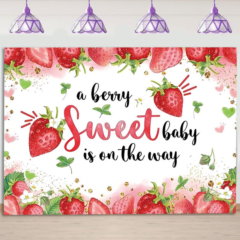 HQM Strawberry Baby Shower Photo Banner Strawberry Girl Baby Shower Newborn Party Decorations Photography Backdrop 71x47.2 in A Berry Sweet Baby is On The Way Background Cake Table Supplies - Image 5