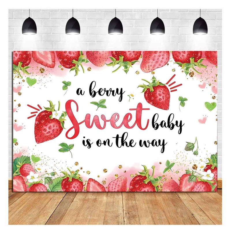 HQM Strawberry Baby Shower Photo Banner Strawberry Girl Baby Shower Newborn Party Decorations Photography Backdrop 71x47.2 in A Berry Sweet Baby is On The Way Background Cake Table Supplies - Image 2