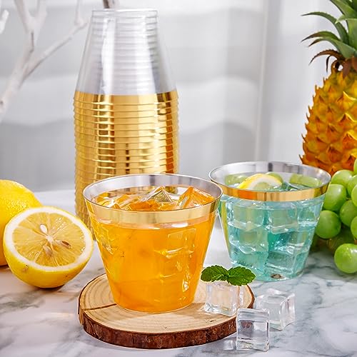 I00000 Heavy Duty Plastic Cups, 9 oz, Gold Rimmed, Clear, 100 Count, BPA Free, Disposable, for Party & Wedding - Image 3