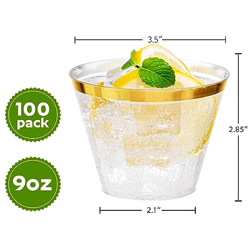 I00000 Heavy Duty Plastic Cups, 9 oz, Gold Rimmed, Clear, 100 Count, BPA Free, Disposable, for Party & Wedding - Image 2