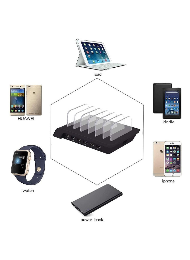 USB Charging Dock - 6-Port Fast Station for Multiple Devices Apple Multi Device Charger Compatible with iPad iPhone and Android Cell Phone Tablet
