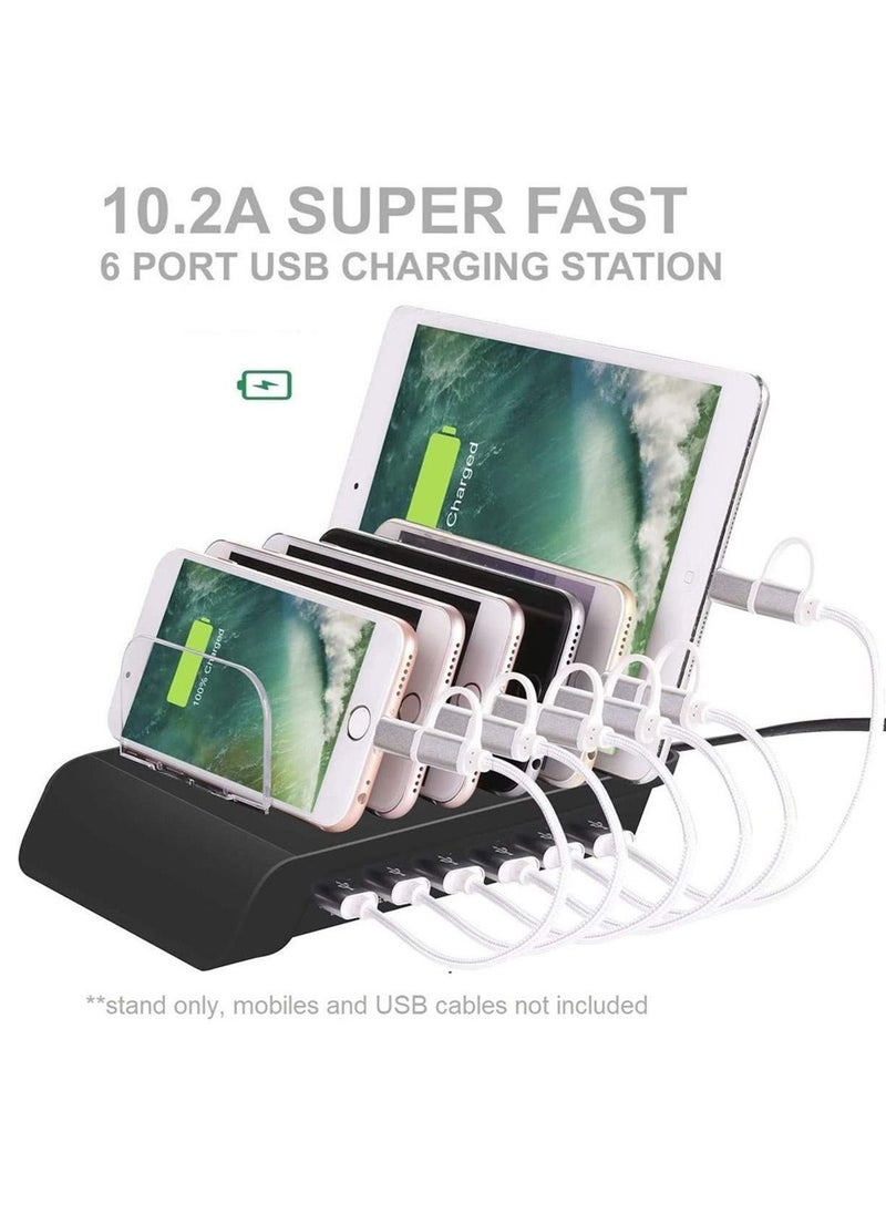 USB Charging Dock - 6-Port Fast Station for Multiple Devices Apple Multi Device Charger Compatible with iPad iPhone and Android Cell Phone Tablet