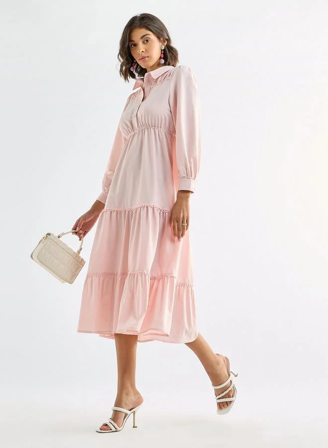 سبلاش فيڤ فستان ميدي سادة متعدد الطبقات بياقة عادية وأكمام منفوخة