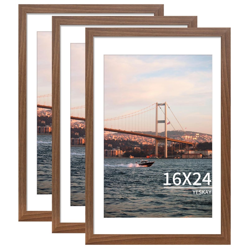 YESKAY 16x24 Picture Frame Brown Set of 3, Display Pictures 12x18 with Mat or 16 x 24 Without Mat, Poster Frames 16x24 Poster Frames for Wall Hanging Horizontal and Vertical - Image 1