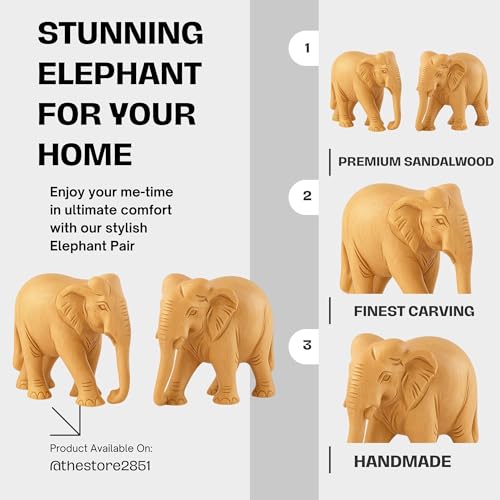 RDK SON'S Handcrafted Sandalwood Elephant Pair – Set of 2 Intricately Carved Wooden Figurines | Elegant Vastu & Cultural Décor Showpieces for Home, Office & Gifting (Sandalwood Down Trunk) - Image 3