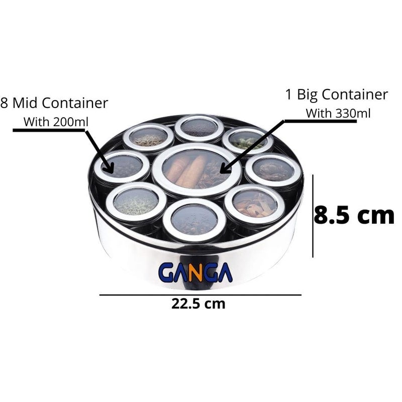 GANGAMETAL Stainless Steel 9 IN 1 Spice Box Masala Dabba For Kitchen Steel Masala Box For Kitchen Steel Masala Dani For Kitchen See Through Lid 9 Containers with 9 Spoon Silver - Image 5