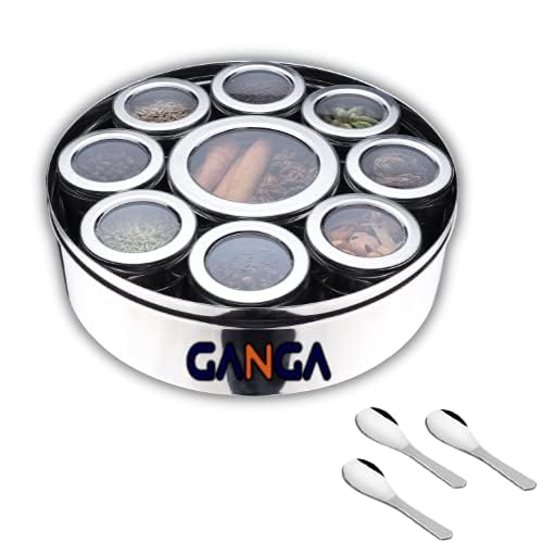 GANGAMETAL Stainless Steel 9 IN 1 Spice Box Masala Dabba For Kitchen Steel Masala Box For Kitchen Steel Masala Dani For Kitchen See Through Lid 9 Containers with 9 Spoon Silver - Image 2