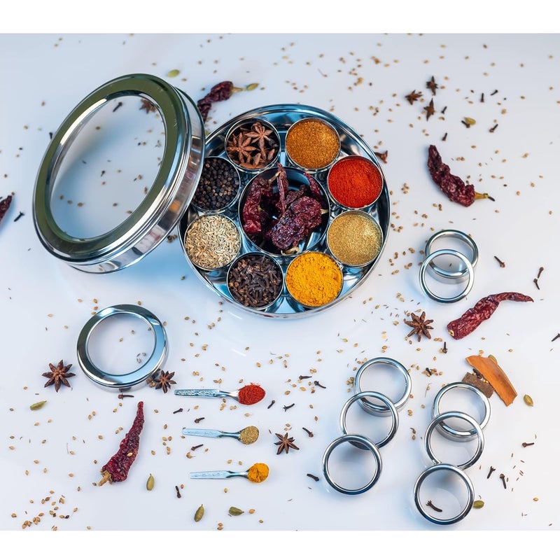 GANGAMETAL Stainless Steel 9 IN 1 Spice Box Masala Dabba For Kitchen Steel Masala Box For Kitchen Steel Masala Dani For Kitchen See Through Lid 9 Containers with 9 Spoon Silver - Image 3